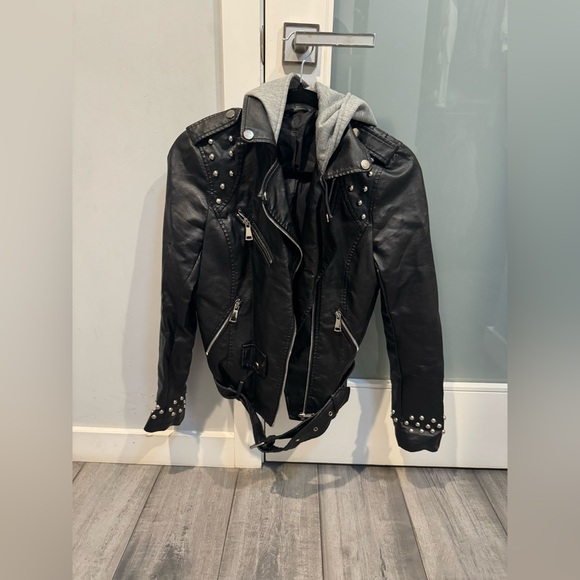 Faux Leather Biker Jacket with studs (with detachable hoodie). Size small. - Picture 2 of 8
